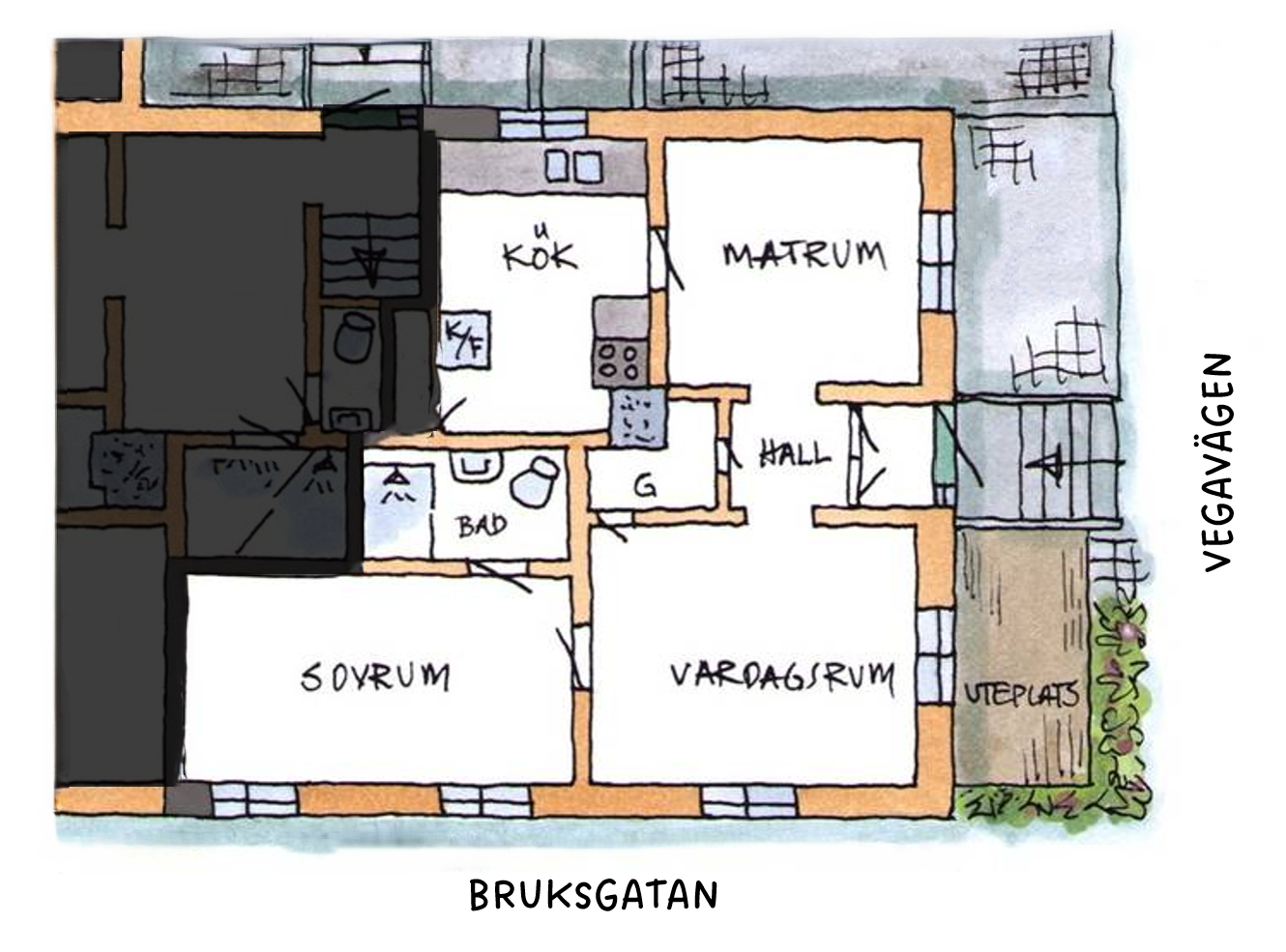 Soffa med soffbord i den mysiga uthyrningsdelen på Bruksgatan 18
